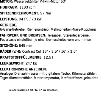 Motor: Wassergekühlter V-Twin-Motor 60  Hubraum: 1133 ccm Spitzendrehmoment: 97 Nm LEISTUNG: 94 PS   70 kW Getriebe:    